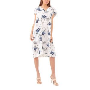 Ornella Paris White Floral Cap Sleeve Linen V Neck Shift Dress Size L